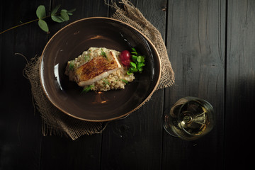 Meat steak with pearl barley . catering menu
