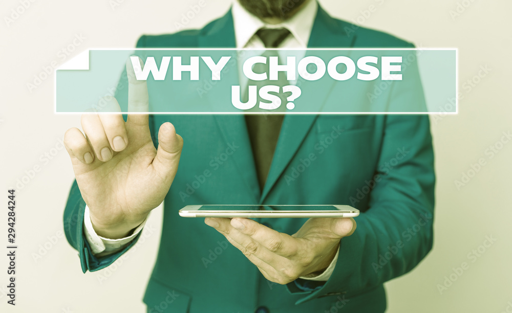 Aufkleber handwriting text why choose us question. conceptual photo reasons for choosing our brand over others