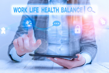Text sign showing Work Life Health Balance. Business photo showcasing Stability and Harmony to prevent burnt out Female human wear formal work suit presenting presentation use smart device