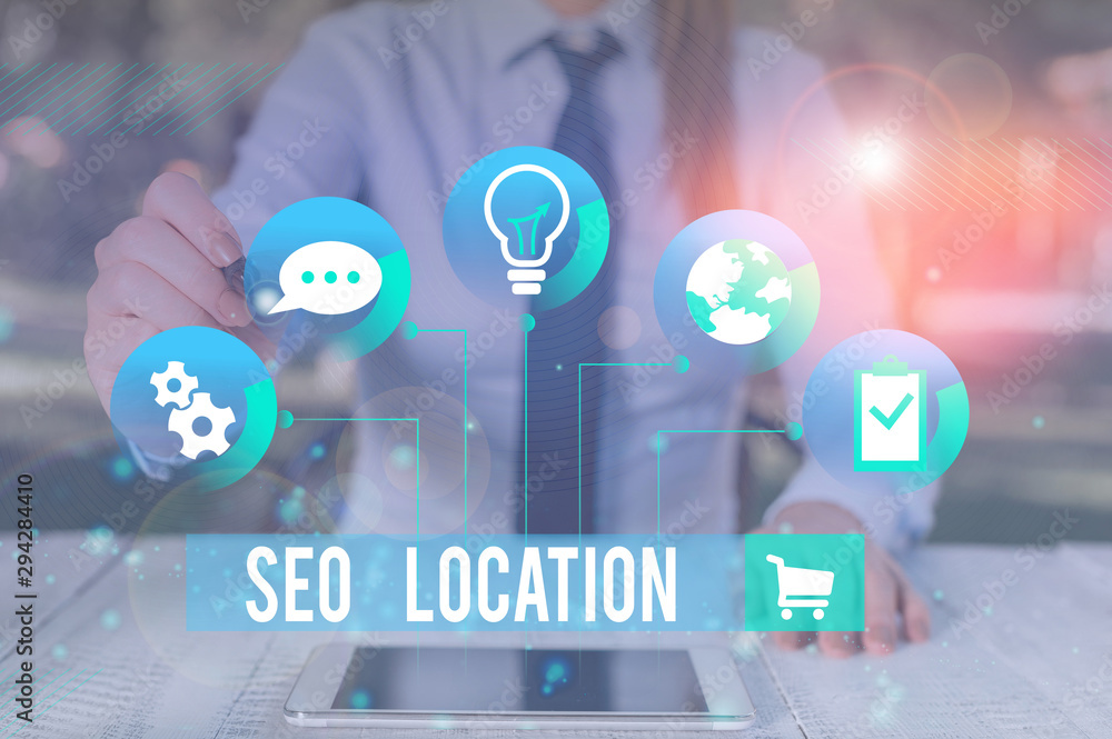 Poster writing note showing seo location. business concept for process to optimize pages on your site to sh