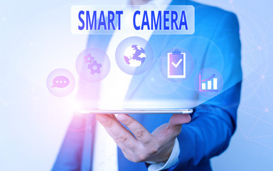 Handwriting text writing Smart Camera. Conceptual photo individual image processing systems designed to automate Male human wear formal work suit presenting presentation using smart device
