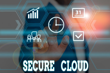Writing note showing Secure Cloud. Business concept for Protect the stored information safe Controlled technology Male wear formal work suit presenting presentation smart device