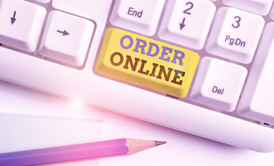 Word writing text Order Online. Business photo showcasing activity of buying products or services over the Internet White pc keyboard with empty note paper above white background key copy space