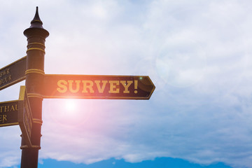 Conceptual hand writing showing Survey. Concept meaning research method used for collecting data from a predefined group Road sign on the crossroads with blue cloudy sky in the background