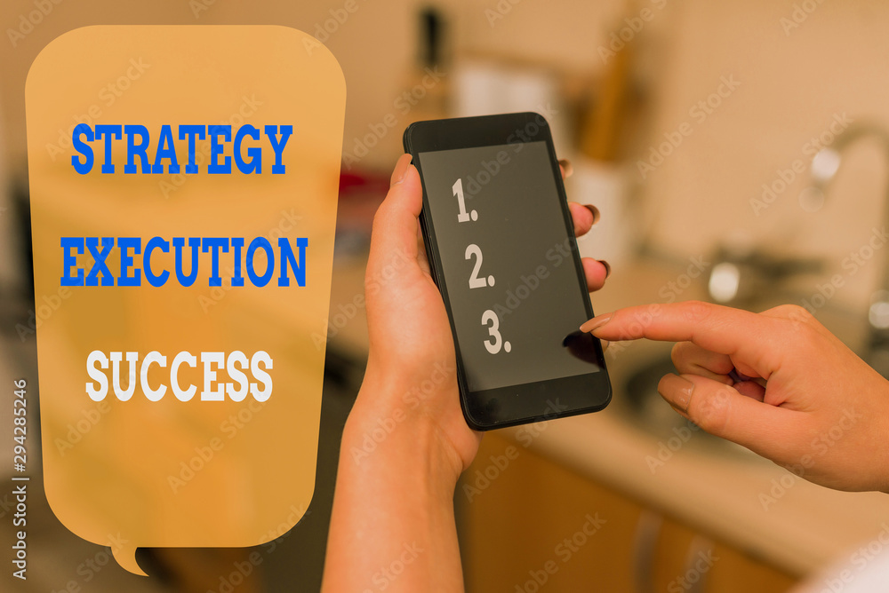 Poster writing note showing strategy execution success. business concept for putting plan or list and start