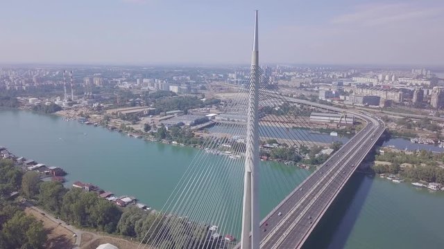 Still aerial 4k static shot of Sava river and Ada bridge in Belgrade city center