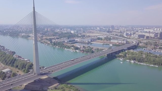 Descending aerial opening shot of Most na Adi, Belgrade