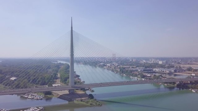 4k orbiting establishing shot of Ada bridge in Belgrade, Most na Adi