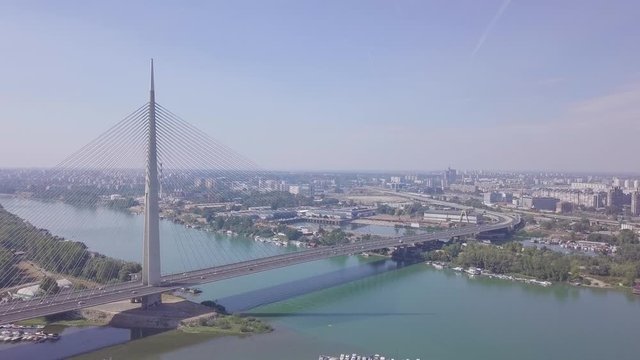 Static still 4k shot of Ada bridge in Belgrade and Sava Lake