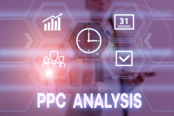 Conceptual hand writing showing Ppc Analysis. Concept meaning internet advertising model used to drive traffic to websites Woman wear work suit presenting presentation smart device