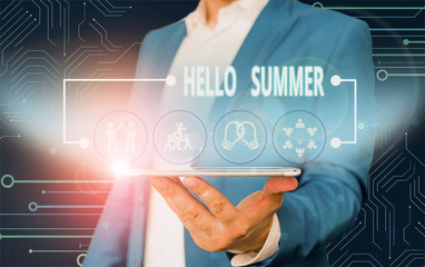 Text sign showing Hello Summer. Business photo text season after spring and before autumn where the weather is hot Male human wear formal work suit presenting presentation using smart device