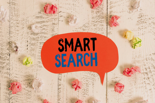 Conceptual hand writing showing Smart Search. Concept meaning tool used in recording software for searching based on motion Colored speech bubble paper balls wooden rustic vintage background - Powered by Adobe