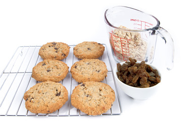 oatmeal raisin cookies on a rack with a measure of raisins and a measuring cup of rolled oats isolated on white