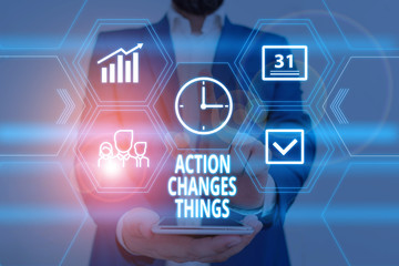 Text sign showing Action Changes Things. Business photo showcasing doing something will reflect other things Reaction Male human wear formal work suit presenting presentation using smart device