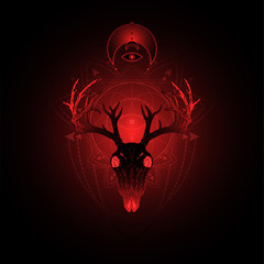 Vector illustration with hand drawn deer skull and Sacred geometric symbol on black background. Abstract mystic sign.