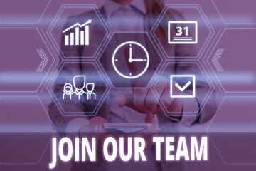 Fototapeta premium Writing note showing Join Our Team. Business concept for inviting someone to join in your local group or company Woman wear formal work suit presenting presentation using smart device