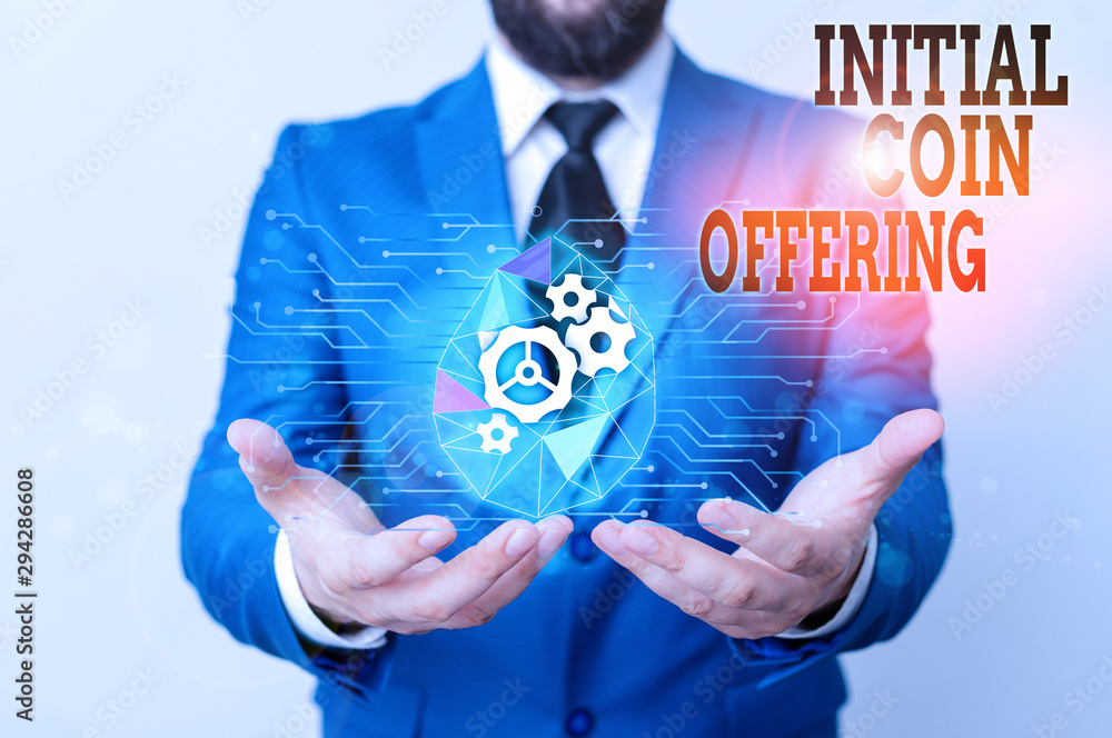 Poster writing note showing initial coin offering. business concept for crowdfunding using cryptocurrencies