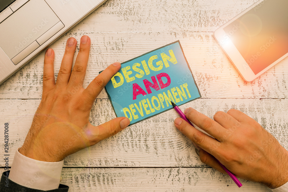 Poster writing note showing design and development. business concept for defining the specification of prod