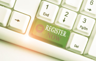 Word writing text Register Now. Business photo showcasing official list or record showing or things...