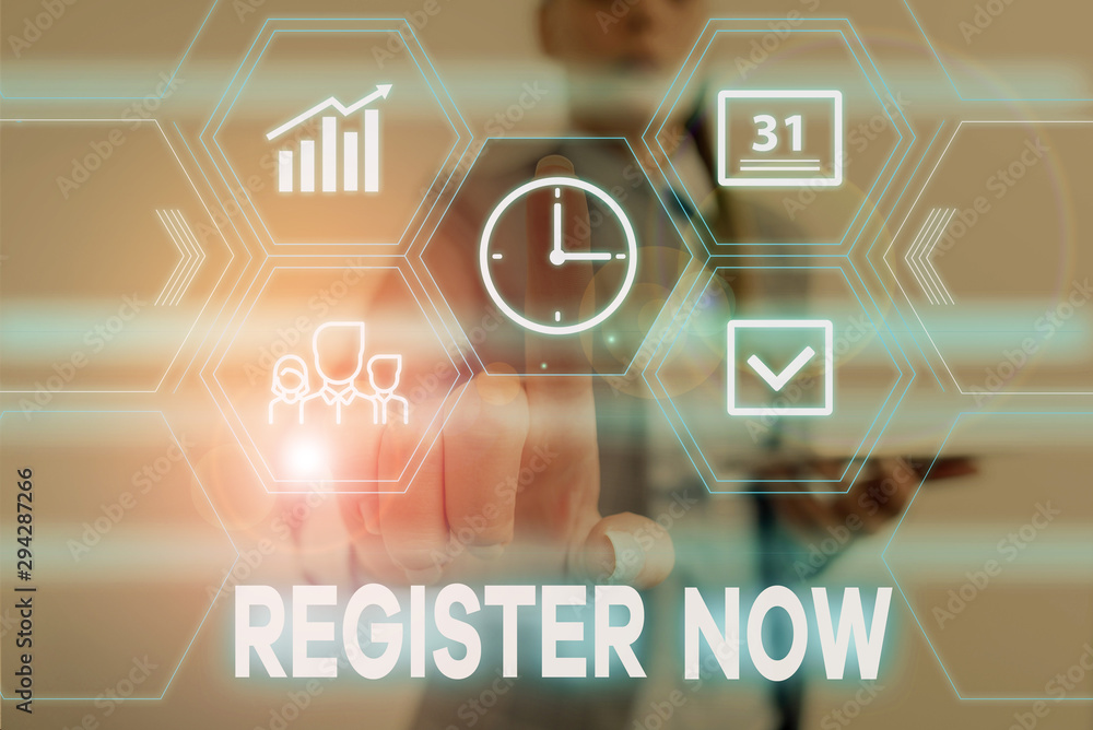 Poster conceptual hand writing showing register now. concept meaning official list or record showing or thi