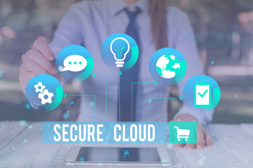 Writing note showing Secure Cloud. Business concept for Protect the stored information safe Controlled technology Female human wear formal work suit presenting smart device