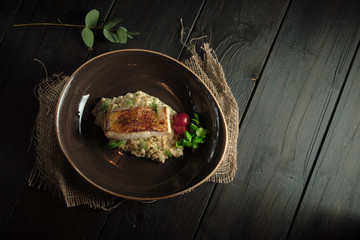 Meat steak with pearl barley . catering menu