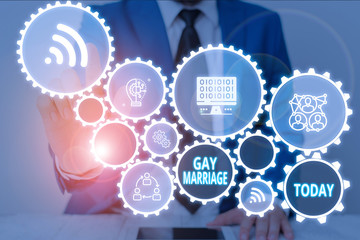 Writing note showing Gay Marriage. Business concept for entered into in a civil or religious ceremony of the same sex Male wear formal work suit presenting presentation smart device