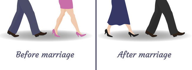Before and after marriage. Humoristic, funny concept of relationship between man and woman. Vector illustration.