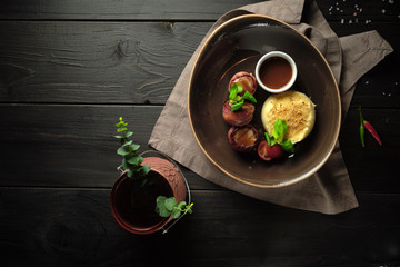 Bacon meat rolls with mashed potatoes. catering menu