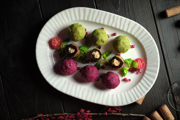 Sicivi and appetizer balls of vegetables . catering menu