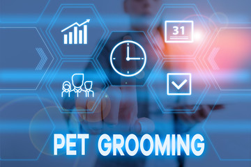 Obraz premium Conceptual hand writing showing Pet Grooming. Concept meaning hygienic care and enhancing the appearance of the pets Woman wear work suit presenting presentation smart device