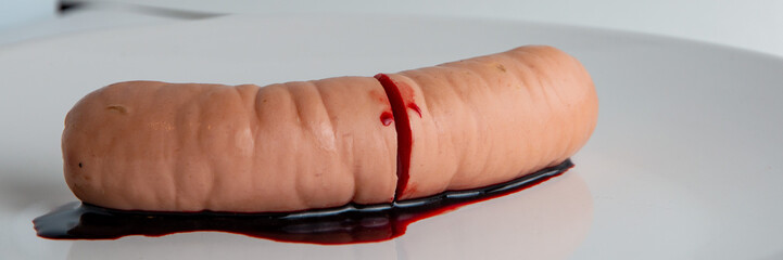 vegetarian propaganda, concept: bleeding sausage on a white plate, short focus