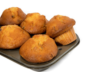 golden cranberry muffins in a baker's muffin pan isolated on white