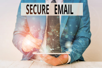 Text sign showing Secure Email. Business photo showcasing protect the email content from being read by unwanted entities Male human wear formal work suit presenting presentation using smart device
