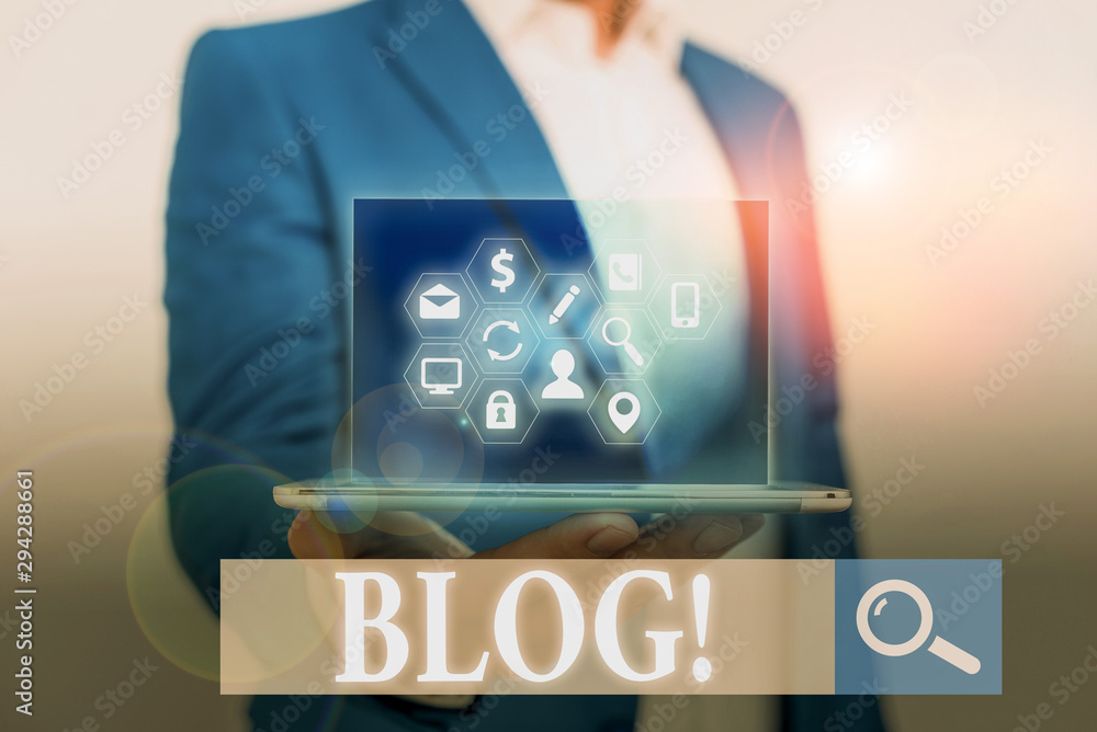 Poster word writing text blog. business photo showcasing regularly updated website or web page run by an in