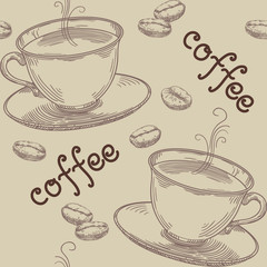 Koffie patroon. Vector naadloos patroon met koffiebonen en doppen bij de hand tekenstijl