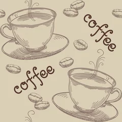 Behang Koffie Koffie patroon. Vector naadloos patroon met koffiebonen en doppen bij de hand tekenstijl
