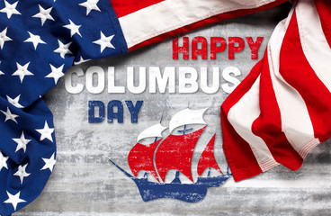 Fototapeta na wymiar Happy Columbus Day text with old timey sailing ship and US American flag