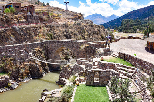 Colonial bridges spanning the river in Checacupe, Cusco, Peru