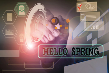Handwriting text Hello Spring. Conceptual photo welcoming the season of the blossoming of flowers End of winter Male human wear formal work suit presenting presentation using smart device