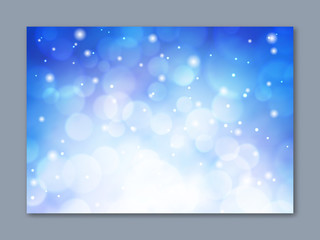 Beautiful blurred blue background with bokeh. Winter sky with snowfall glitter lights backdrop. Merry Xmas and Happy New Year. Abstract defocused wallpaper vector illustration. Festive luminous design