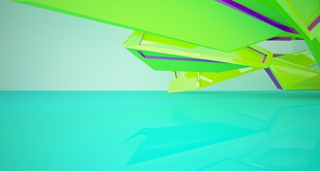 Fototapeta premium Abstract architectural white interior with color gloss gradient of a minimalist house with large windows. 3D illustration and rendering.