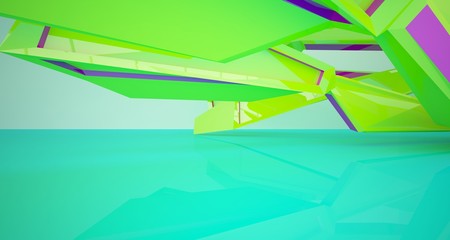 Fototapeta premium Abstract architectural white interior with color gloss gradient of a minimalist house with large windows. 3D illustration and rendering.