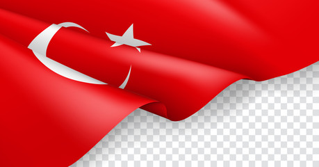 Turkey patriotic horizontal web banner with 3d flag. Realistic fluttering turkish flag on transparent background. Turkey national day vector card with empty space. Official holiday celebration. - obrazy, fototapety, plakaty