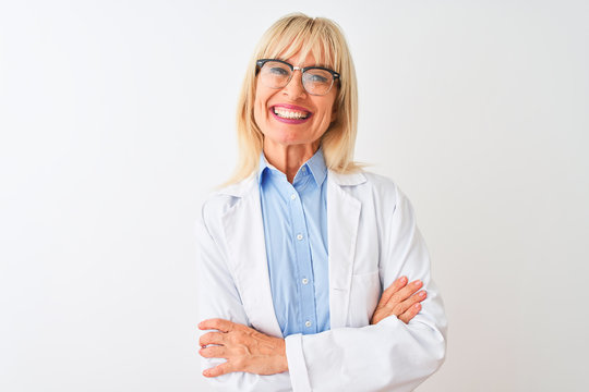 Middle Age Scientist Woman Wearing Glasses Standing Over Isolated White Background Happy Face Smiling With Crossed Arms Looking At The Camera. Positive Person.