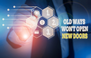 Text sign showing Old Ways Won T Open New Doors. Business photo text be different and unique to Achieve goals Woman wear formal work suit presenting presentation using smart device