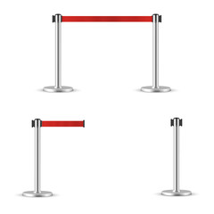 Retractable belt stanchion set. Portable ribbon barrier. Red striped hazard fencing tape.