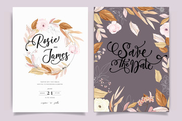 Obraz na płótnie Canvas Autumn and fall Flower Wedding Invitation set, floral invite thank you, rsvp modern card Design in pink brown floral with leaf greenery branches decorative Vector elegant rustic template