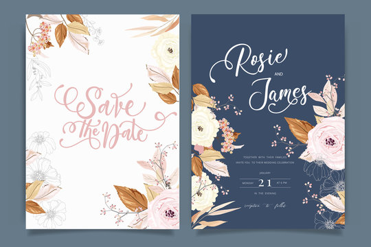 Autumn and fall Flower Wedding Invitation set, floral invite thank you, rsvp modern card Design in pink brown  floral with leaf greenery  branches decorative Vector elegant rustic template
