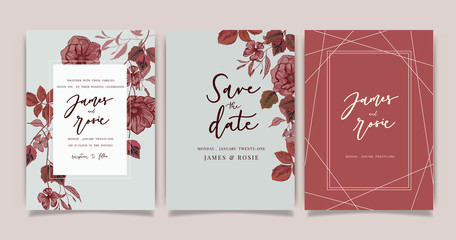 Luxury Wedding Invitation set,  invite thank you, rsvp modern card Design in white and red rose with leaf greenery branches  decorative Vector elegant rustic template
